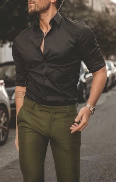 Black shirt and dark green pant